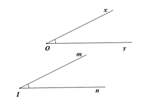 Vẽ hình minh hoạ và viết giả thiết, kết luận của mỗi định lí sau: a) Nếu hai góc nhọn xOy và mIn có Ox // Im, Oy // In thì hai góc đó bằng nhau;  (ảnh 1)