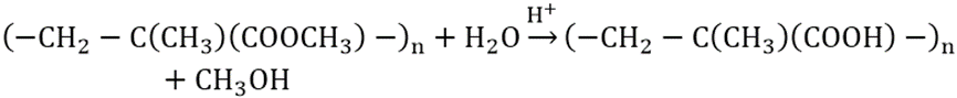 Thủy phân 500 gam poli (metyl metacrylat) trong dung dịch H2SO4 loãng. Sau một thời gian khối lượng polime còn là 454 gam. Tính hiệu suất phản ứng thủy phân pili (metyl metacrylat). (ảnh 1)