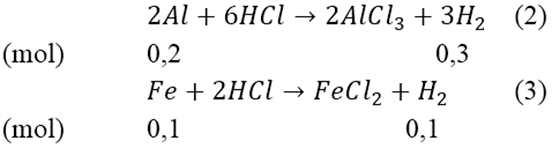 Cho m gam hỗn hợp bột Al và Fe tác dụng với dung dịch NaOH dư thấy thoát ra 6,72 lít khí (đktc). Nếu cho m gam hỗn hợp trên tác dụng với dung dịch HCl dư thì thấy thoát ra 8,96 lít khí (đktc). Tính khối lượng của Al và Fe trong hỗn hợp ban đầu. (ảnh 1)