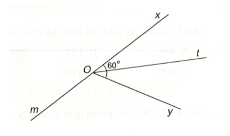 Vẽ góc xOy có số đo bằng 60 độ. Vẽ tia Om là tia đối của tia Ox. a) Gọi tên hai góc kề  (ảnh 1)