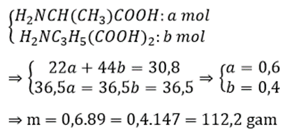 Hỗn hợp X gồm alanin và axit glutamic. Cho m gam X tác dụng hoàn toàn với dung dịch NaOH (dư), thu được dung dịch Y chưa (m + 30,8) gam muối. Mặt khác, nếu cho m gam X tác dụng hoàn toàn với dung dịch HCl dư, thu được dung dịch Z chứa (m + 36,5) gam muối. Gía trị của m là: (ảnh 1)