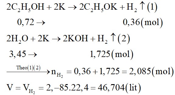 Cho 103,5ml rượu etylic 40o tác dụng với K dư sau phản ứng hoàn toàn thu được V lít khí hiđro ở đktc. Biết khối lượng riêng của C2H5OH là 0,8 g/ml. Giá trị của V là: (ảnh 2)