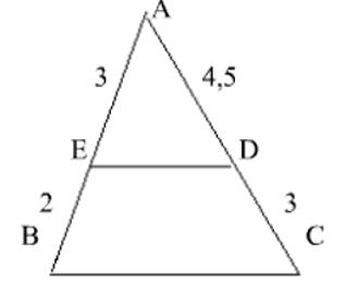 Cho Δ ABC có độ dài các cạnh như hình vẽ. Kết quả nào sau đây đúng?    A. ED/BC = 1,5 (ảnh 1)
