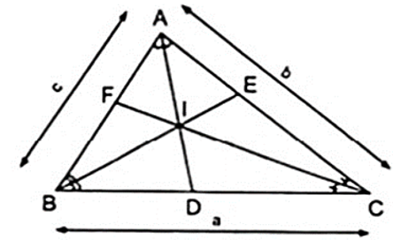 Cho tam giác ABC có BC = a; CA = b; AB = c. Các đường phân giác AD, BE, CF (ảnh 1)
