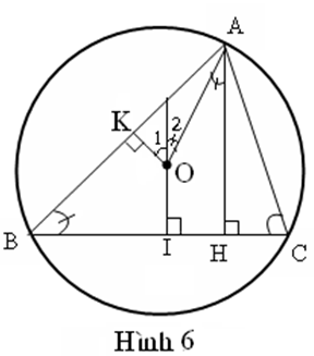 Cho tam giác ABC nội tiếp trong đường tròn tâm O, với AB > AC. Kẻ đường cao AH, bán kính OA.  (ảnh 6)