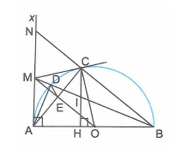 Cho nửa đường tròn tâm O đường kính AB = 2R và tia tiếp tuyến Ax cùng phía với nửa đường tròn đối với AB. Từ điểm  M trên Ax kẻ tiếp tuyến thứ hai MC với nửa đường tròn (O) ( C là tiếp điểm). AC cắt OM tại E; MB cắt nửa đường tròn (O) tại D (D khác B). Chứng minh AMCO và AMDE là các tứ giác nội tiếp đường tròn. (ảnh 1)