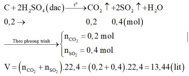 Cho 2,4 gam cacbon tác dụng với H2SO4 đặc, nóng, dư thu được V lít khí (đktc). Giá trị của V là: (ảnh 2)