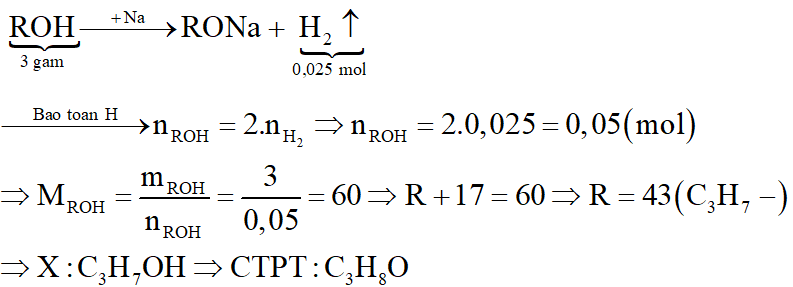 Khi cho 3,0 gam chất hữu cơ X có công thức ROH (R là gốc hidrocacbon) tác dụng với natri dư thấy có 0,56 lít khí thoát ra (đktc). Công thức phân tử của X là: (ảnh 2)
