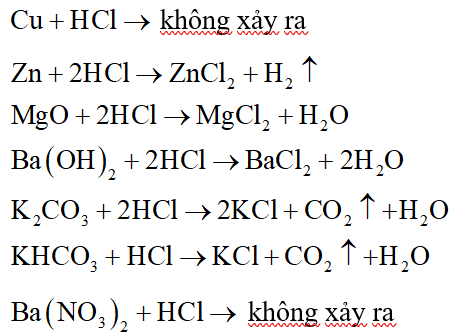 Cho các chất sau: Cu, Zn, MgO, Ba(OH)2, K2CO3, KHCO3, Ba(NO3)2 lần lượt tác dụng với dung dịch HCl, dung dịch H2SO4 loãng. Viết các phương trình hóa học xảy ra (nếu có). (ảnh 1)