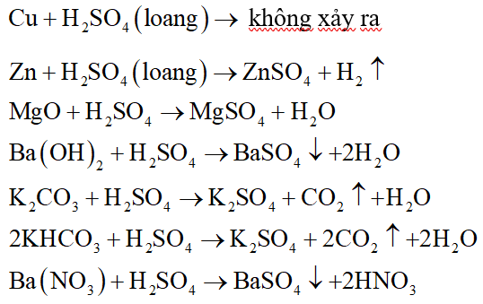 Cho các chất sau: Cu, Zn, MgO, Ba(OH)2, K2CO3, KHCO3, Ba(NO3)2 lần lượt tác dụng với dung dịch HCl, dung dịch H2SO4 loãng. Viết các phương trình hóa học xảy ra (nếu có). (ảnh 2)