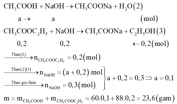 Cho m gam hỗn hợp (A) gồm CH3COOH và CH3COOC2H5 tác dụng vừa hết với 150ml dung dịch NaOH 2M. Tách lấy toàn bộ lượng rượu etylic; rồi cho tác dụng hết với Na, thu được 2,24 lít khí H2 (đktc). Giá trị của m là: (ảnh 3)
