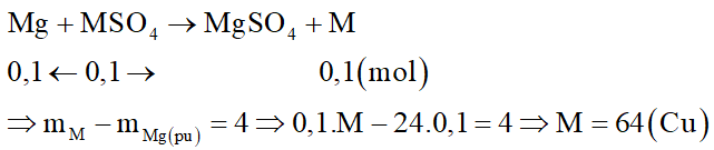 Nhúng thanh Mg vào dung dịch chứa 0,1 mol muối sunfat trung hòa của một kim loại M, sau phản ứng hoàn toàn lấy thanh Mg ra thấy khối lượng của thanh Mg tăng 4,0 gam. Số muối của kim loại M thỏa mãn là: (ảnh 1)