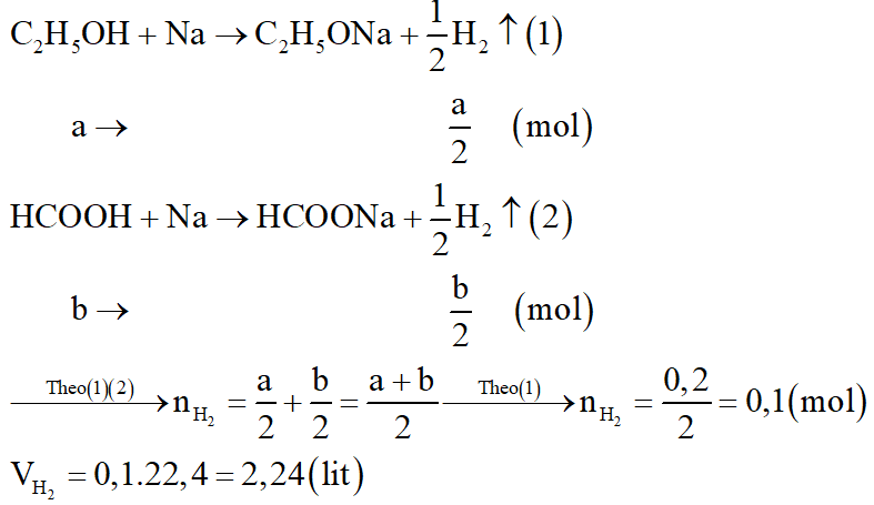 Cho 9,20 gam hỗn hợp X gồm etanol (C2H5OH) và axit fomic (HCOOH) tác dụng với natri dư thu được bao nhiêu lít khí hiđro ở đktc? (ảnh 2)