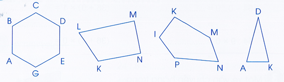 a) Viết tên hình tam giác, hình tứ giác dưới đây: (ảnh 1)