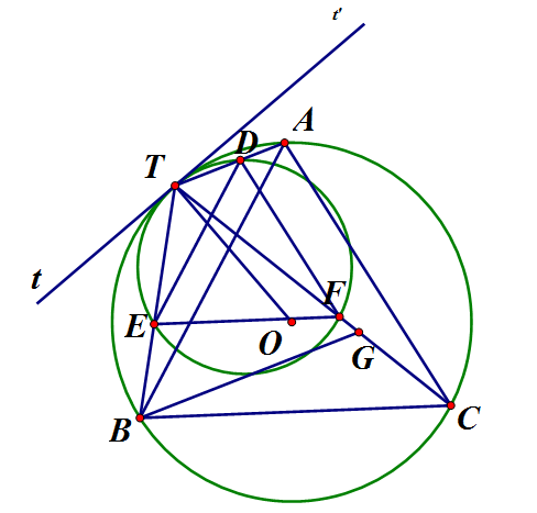 Tam giác đều ABC nội tiếp đường tròn (O). Vẽ một đường tròn (O') tiếp xúc trong (ảnh 1)