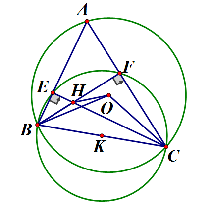 Cho tam giác ABC có ba góc nhọn (AB < AC). Đường tròn tâm K đường kính BC (ảnh 1)