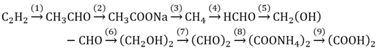 Hoàn thành sơ đồ phản ứng sau: C2H2 -> CH3CHO -> CH3COONA -> CH4 -> HCHO -> CH3(OH) (ảnh 1)