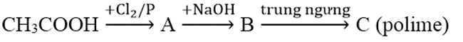 Cho sơ đồ phản ứng sau: CH3CÔH-> A-> B-> C (polime) (ảnh 1)