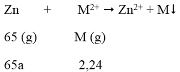 Ngâm một lá kẽm trong dung dịch chứa 2,24 gam ion kim loại M2+ trong muối sunfat sau phản ứng, khối lượng lá Zn tăng lên 0,94 gam. Vậy M là: (ảnh 1)