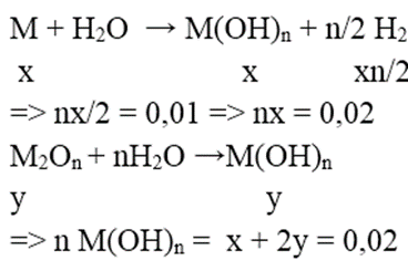 Hòa tan hoàn toàn 2,9g hỗn hợp gồm kim loại M và oxit của nó vào nước , thu được 500ml dd chứa một chất tan có nồng độ 0,04M và 0,224l khí H2 (đktc). Kim loại M là: (ảnh 1)