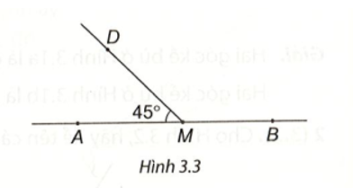 Cho Hình 3.3, biết góc DMA= 45 độ Tính số đo góc DMB. (ảnh 1)