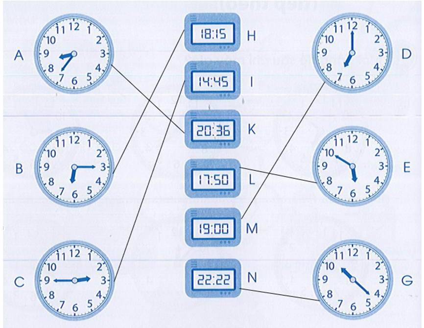 Nối hai đồng hồ chỉ cùng thời gian vào buổi chiều hoặc buổi tối: (ảnh 2)