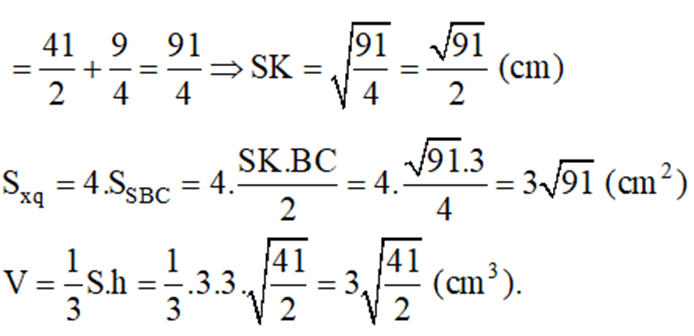 Cho hình chóp tứ giác đều S.ABCD, đáy ABCD là hình vuông có cạnh 3cm, cạnh bên SA = 5cm. a) Tính đường cao SH của hình chóp. b) Tính diện tích xung quanh và thể tích của hình chóp. (ảnh 4)