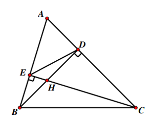 Cho tam giác ABC có ba góc nhọn, các đường cao BD và CE cắt nhau tại điểm H. a) Chứng minh rằng: ∆ABD ᔕ ∆ACE; (ảnh 1)