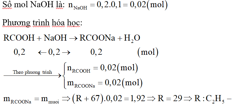 Trung hòa 500ml dung dịch axit hữu cơ đơn chức X có công thức RCOOH cần dùng 200ml dung dịch NaOH 0,10M. Cô cạn dung dịch sau trung hòa thu được 1,92 gam muối khan. Trong dung dịch có: (ảnh 2)