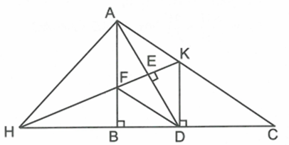 Qua D kẻ đường thẳng vuông góc với BC cắt AC tại K. Qua K kẻ đường thẳng (ảnh 1)