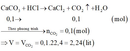 Cho 10 gam CaCO3 vào dung dịch HCl dư, sau khi phản ứng xảy ra hoàn toàn thu được V lít khí CO2 (đktc). Xác định giá trị của V. (ảnh 2)