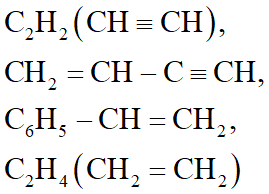 Cho các chất: C2H2, , C6H5 – CH(CH3) – CH3, C6H5 – CH = CH2, C6H6 (benzen), C2H4 và C6H5 – CH3 (C6H5 − : chứa vòng benzen). Trong các chất trên, số chất phản ứng được với dung dịch brom là: (ảnh 1)