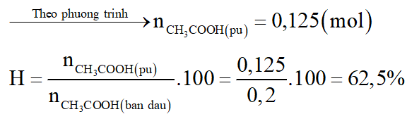 Đun 12 gam axit axetic với 13,8 gam etanol (có H2SO4 đặc làm xúc tác) đến khi phản ứng đạt tới trạng thái cân bằng, thu được 11 gam este. Hiệu suất của phản ứng este hóa là: (ảnh 3)