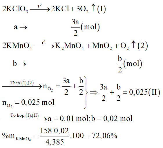 Nhiệt phân 4,385 gam hỗn hợp X gồm KClO3 và KMnO4, thu được O2 và m gam chất rắn gồm K2MnO4, MnO2 và KCl. Toàn bộ lượng O2 tác dụng hết với cacbon nóng đỏ, thu được 0,896 lít hỗn hợp khí Y (đktc) có tỉ khối so với H2 là 16. Thành phần % theo khối lượng của KMnO4 trong X là: (ảnh 5)