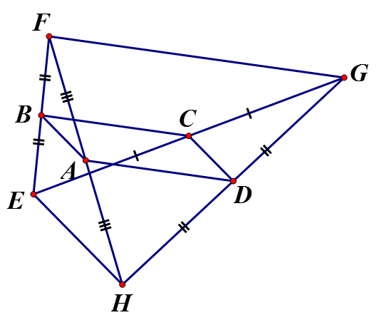 Cho tứ giác EFGH. Gọi A, B, C, D lần lượt là trung điểm của FH, EF, EG, GH (ảnh 1)