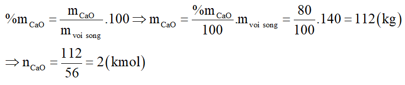 Cho 140kg vôi sống có thành phần chính là CaO tác dụng với nước dư, thu được Ca(OH)2. Biết vôi sống có 20% tạp chất không tác dụng với nước. Khối lượng Ca(OH)2 thu được là: (ảnh 1)