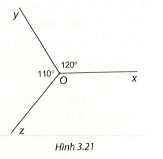 Cho Hình 3.21, biết góc xOy= 120 độ; góc yOz= 110 độ Tính số đo góc zOx. (ảnh 1)