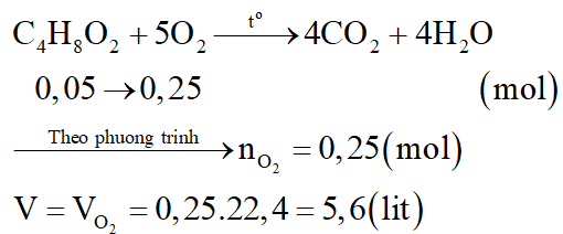 Đốt cháy hết 4,4 gam CH3COOC2H5 cần vừa đủ V lít O2 (đktc). Giá trị của V là: (ảnh 2)