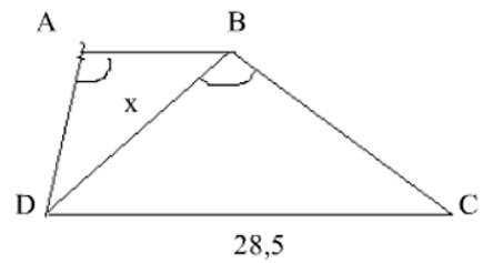 Cho hình bên, ABCD là hình thang ( AB//CD ) có AB = 12,5cm; CD = 28,5cm; DABˆ = DBC (ảnh 1)