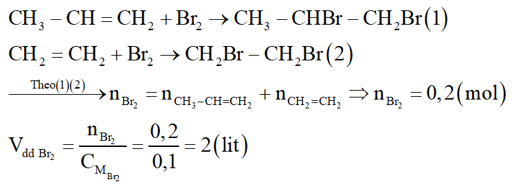 4,48 lít hỗn hợp X gồm CH3 – CH = CH2 và CH2 = CH2 (đktc) có thể tác dụng hết bao nhiêu lít dung dịch brom 0,10 M? (ảnh 2)