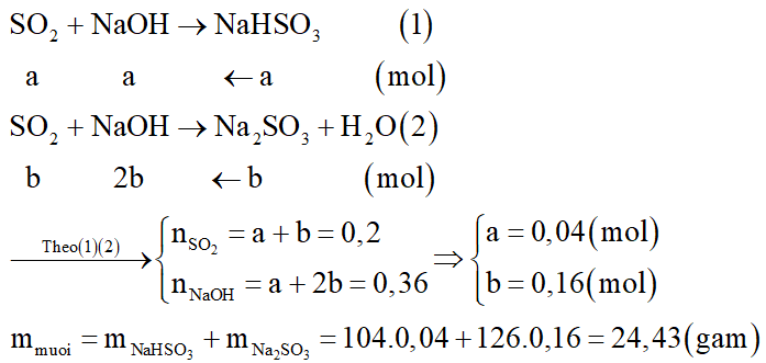 Hấp thụ hoàn toàn 12,8 gam khí SO2 vào 300ml dung dịch NaOH 1,2M thu được dung dịch X. Khối lượng muối trong dung dịch X là: (ảnh 2)