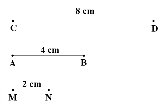 Vẽ đoạn thẳng AB dài 4 cm. Vẽ đoạn thẳng CD dài gấp 2 lần đoạn thẳng AB. Vẽ đoạn thẳng MN bằng độ dài đoạn thẳng AB giảm đi 2 lần. (ảnh 1)
