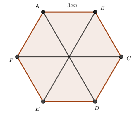 Cho lục giác đều ABCDEF có AB = 3cm, chọn câu đúng  A. FC = 3cm  B. AD =  (ảnh 1)