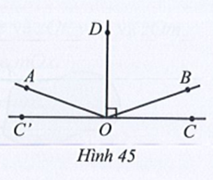 Quan sát Hình 45. Cho OD vuông góc với CC’ tại O, góc AOC = 160 độ, góc AOB - góc BOC = 120 độ.    c) So sánh hai góc AOC và BOC’. (ảnh 1)
