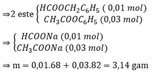 Hỗn hợp E gồm hai este đơn chức, có cùng công thức phân từ và đều chứa vòng benzen. Đốt cháy hoàn toàn m gam E cần vừa đủ 8,064 lít khí O2 (đktc), thu được 14,08 gam CO2 và 2,88 gam H2O. Đun nóng m gam E với dung dịch NaOH (dư) thì có tối đa 2,80 gam NaOH phản ứng, thu được dung dịch T chứa 6,62 gam hỗn hợp ba muối. Khối lượng muối của axit cacboxylic trong T là: (ảnh 1)