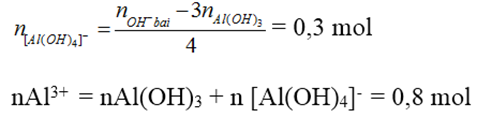 Thêm 0,6 mol NaOH vào dd chứa x mol AlCl3 thu được 0,2 mol Al(OH)3. Thêm tiếp 0,9 mol NaOH thấy số mol của Al(OH)3 là 0,5. Thêm tiếp 1,2 mol NaOH nữa thấy số mol Al(OH)3 vẫn là 0,5 mol. Tính x? Hướng dẫn giải: (ảnh 2)