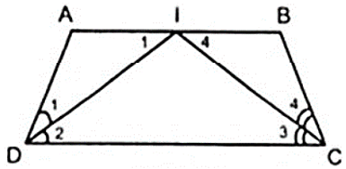 Cho hình thang ABCD ( AB//CD ), hai đường phân giác của góc C và D cắt nhau tại I thuộc đáy AB. (ảnh 1)