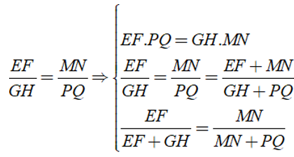 Cho EF/GH = MN/PQ . Chọn phát biểu sai trong các phát biểu sau?   A. EF.PQ = GH.MN (ảnh 1)