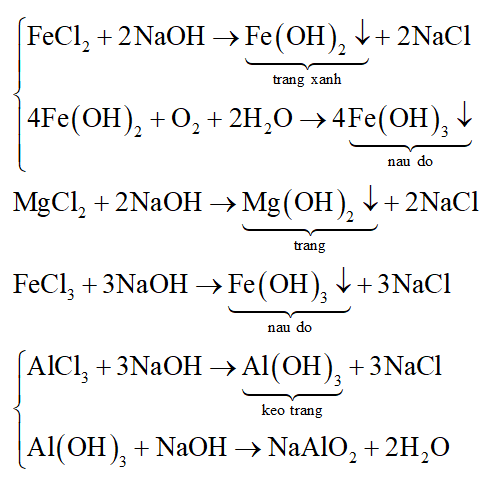Để phân biệt các dung dịch: FeCl2, MgCl2, FeCl3, AlCl3 ta có thể dùng dung dịch nào sau đây? (ảnh 1)