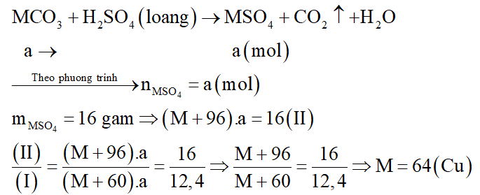 Cho 12,4 gam muối cacbonat của một kim loại hóa trị II tác dụng hoàn toàn với dung dịch H2SO4 loãng dư thu được 16 gam muối sunfat. Tìm công thức muối cacbonat đó. (ảnh 2)